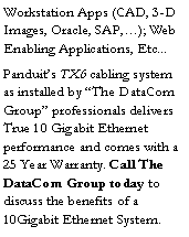 Text Box: Workstation Apps (CAD, 3-D Images, Oracle, SAP,�); Web Enabling Applications, Etc...Panduit�s TX6 cabling system as installed by �The DataCom Group� professionals delivers True 10 Gigabit Ethernet performance and comes with a 25 Year Warranty. Call The DataCom Group today to discuss the benefits of a 10Gigabit Ethernet System.
